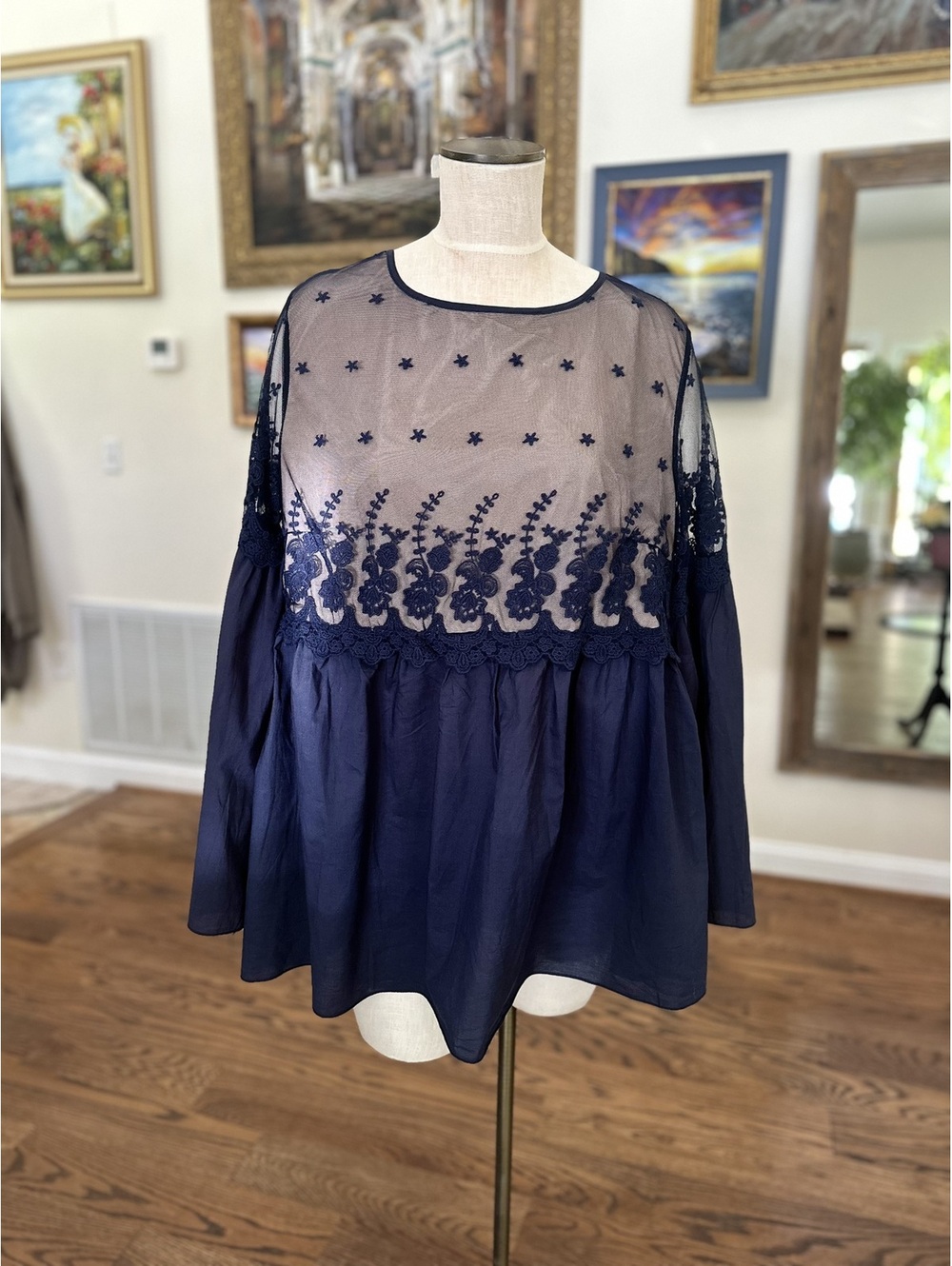 Suzanne Betro Navy Blue Empire-Waist Boho Cotton Blouse Size XL Brand New